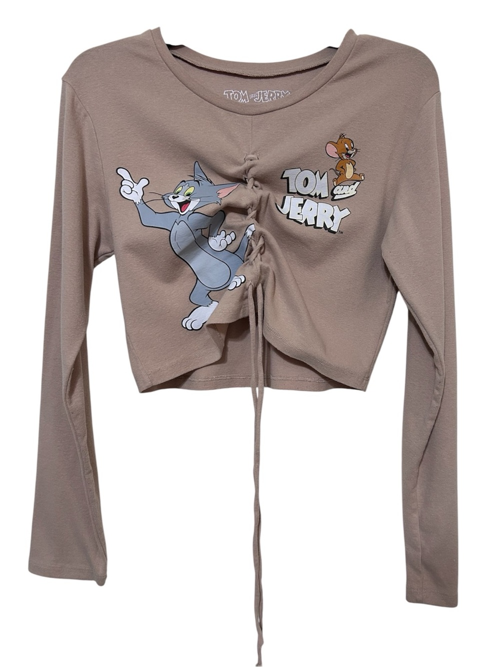 Vintage Cartoon Tom and Jerry Lace Front Ruched Long Sleeve Crop Top Tan XL
